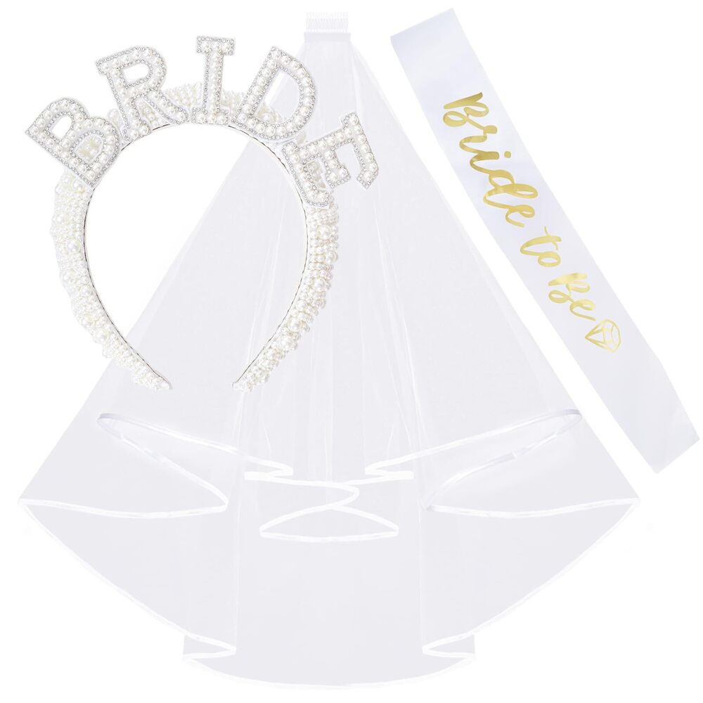 3378 Bride To Be Sash Set Bride Veil Set Pearl Headband